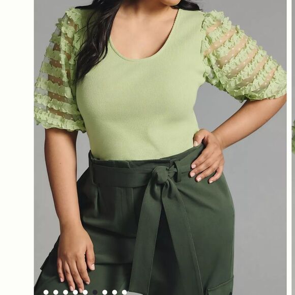 Anthropologie Tops - Anthropologie Dolan Women's XXL Ribbed Sheer Ruffle Puff Sleeve Top Green